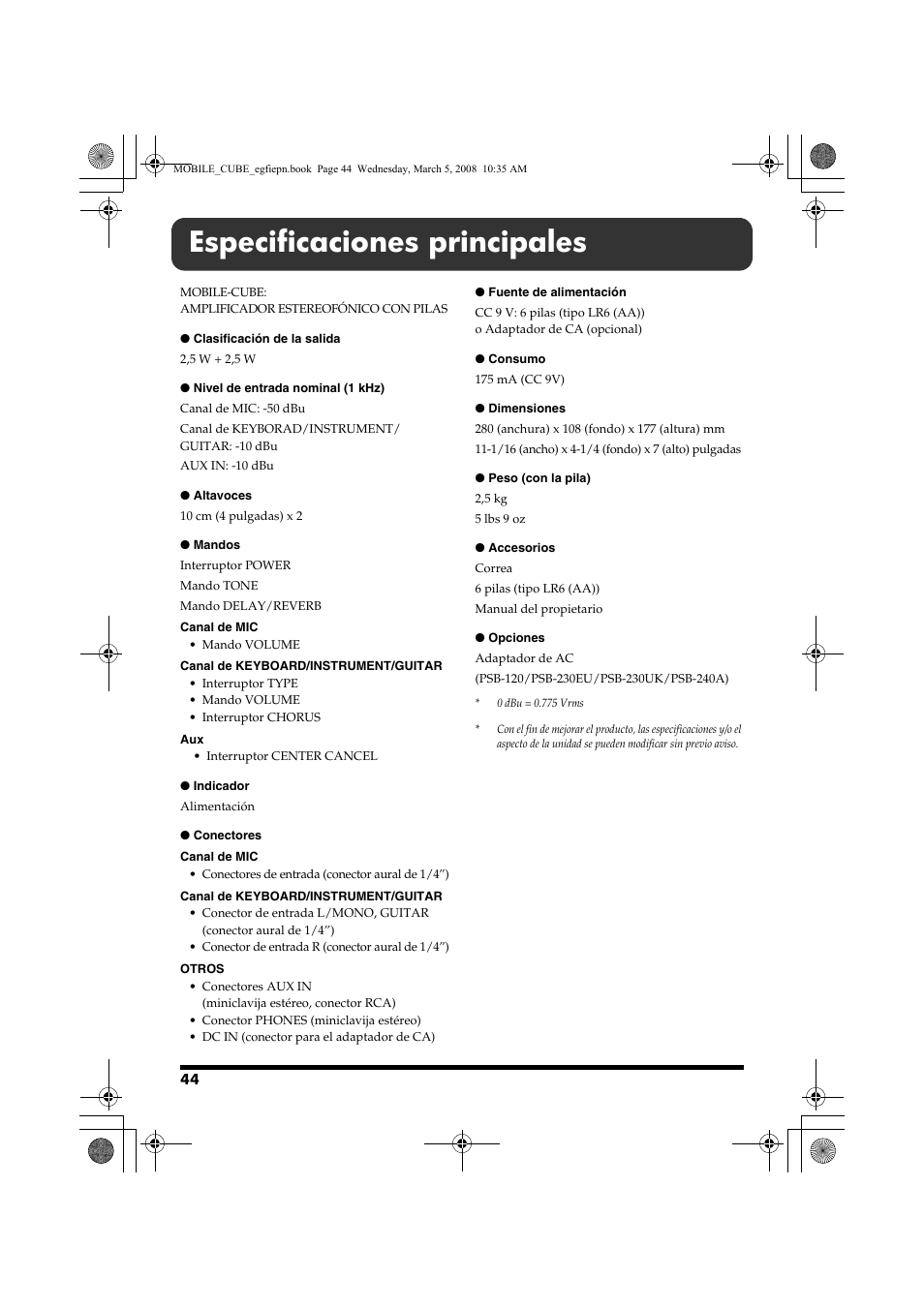 Especificaciones principales | Roland MOBILE CUBE User Manual | Page 44 / 64