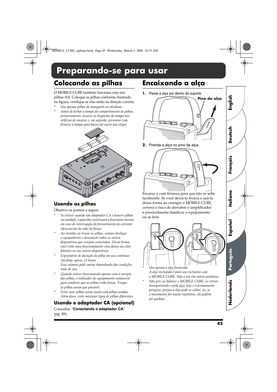 Português, Preparando-se para usar, Colocando as pilhas | Encaixando a alça | Roland MOBILE CUBE User Manual | Page 45 / 64