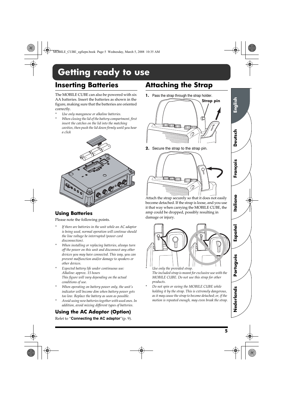 English, Getting ready to use, Inserting batteries | Attaching the strap | Roland MOBILE CUBE User Manual | Page 5 / 64