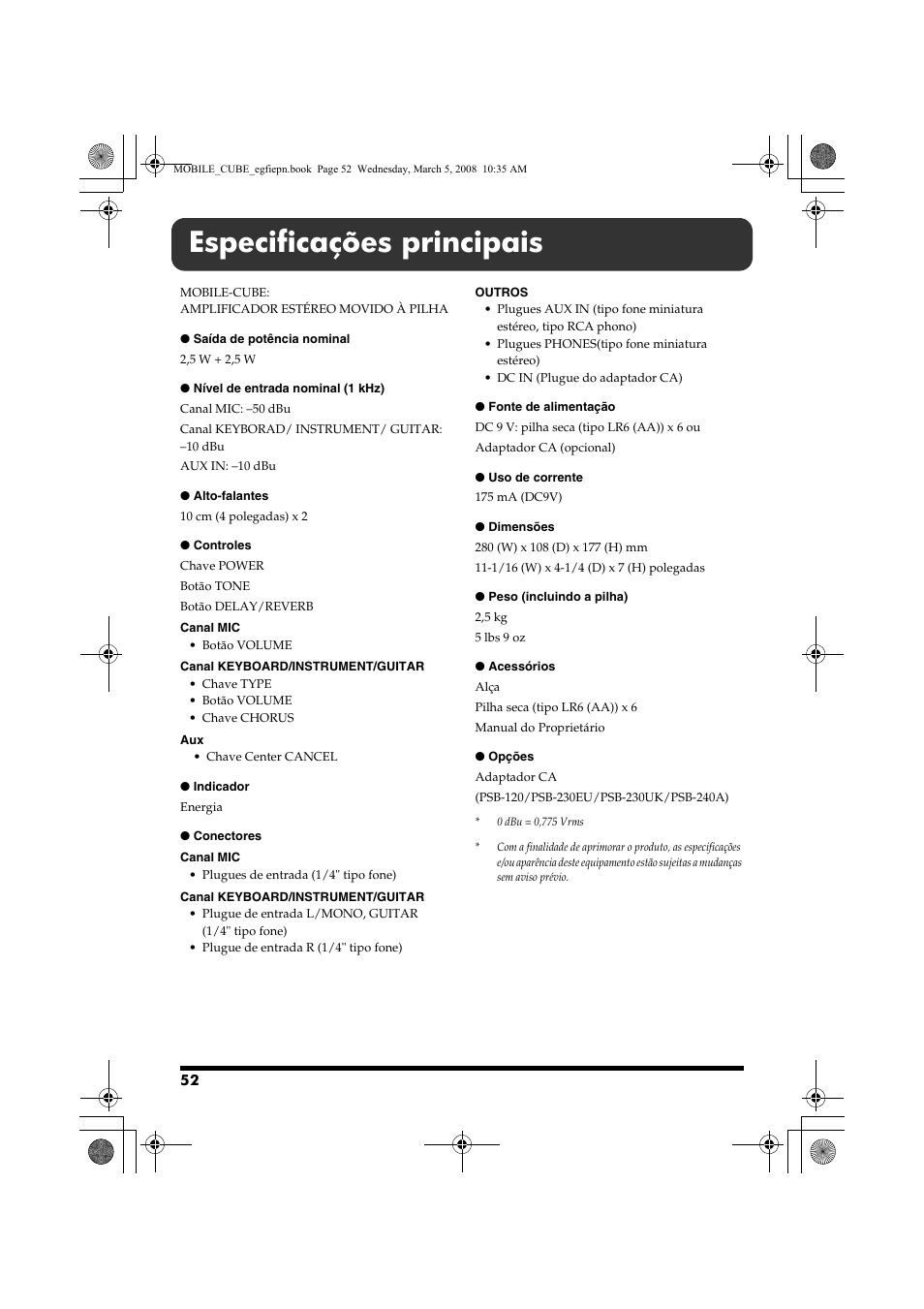 Especificações principais | Roland MOBILE CUBE User Manual | Page 52 / 64