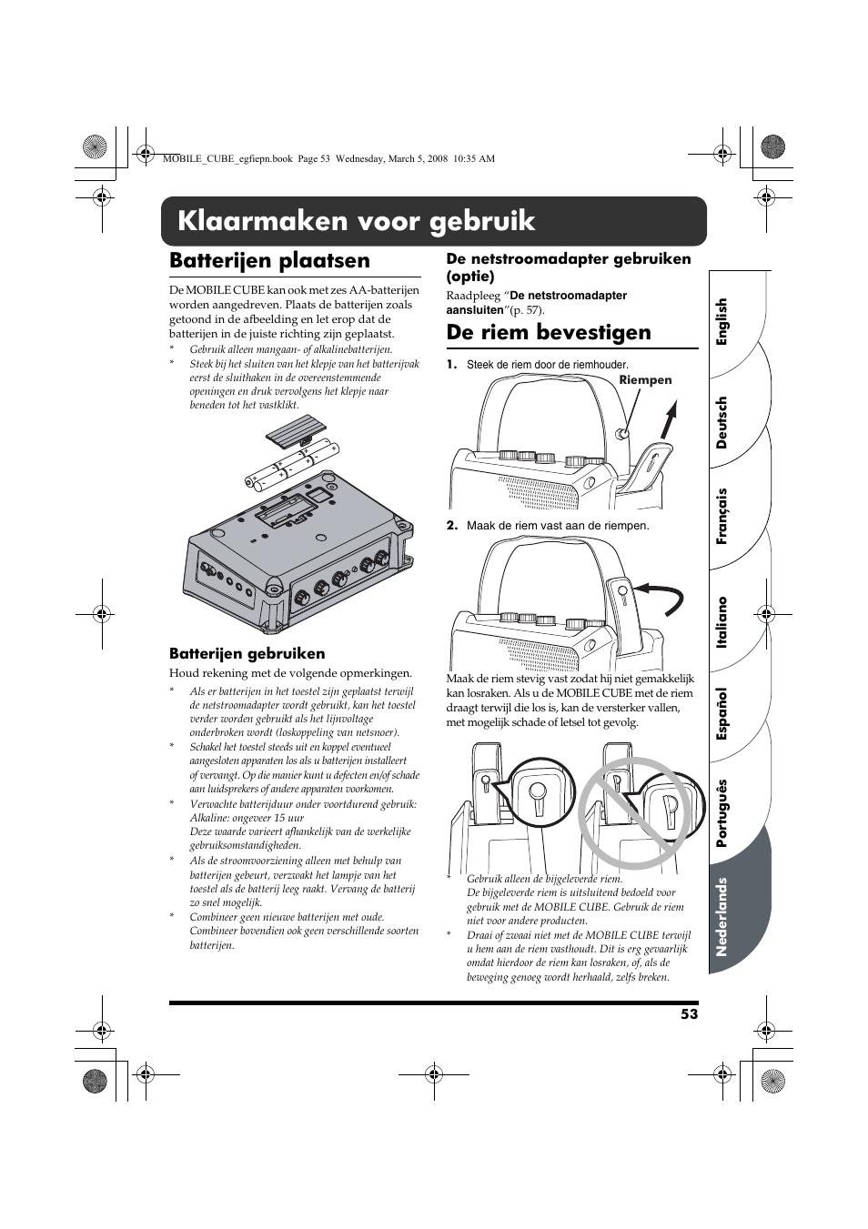 Nederlands, Klaarmaken voor gebruik, Batterijen plaatsen | De riem bevestigen | Roland MOBILE CUBE User Manual | Page 53 / 64