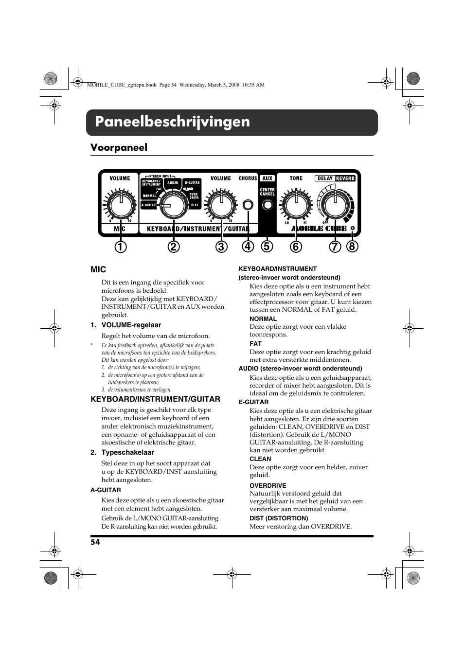 Paneelbeschrijvingen, Voorpaneel, Keyboard/instrument/guitar | Roland MOBILE CUBE User Manual | Page 54 / 64