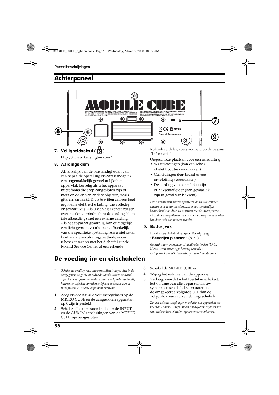 Achterpaneel, De voeding in- en uitschakelen | Roland MOBILE CUBE User Manual | Page 58 / 64