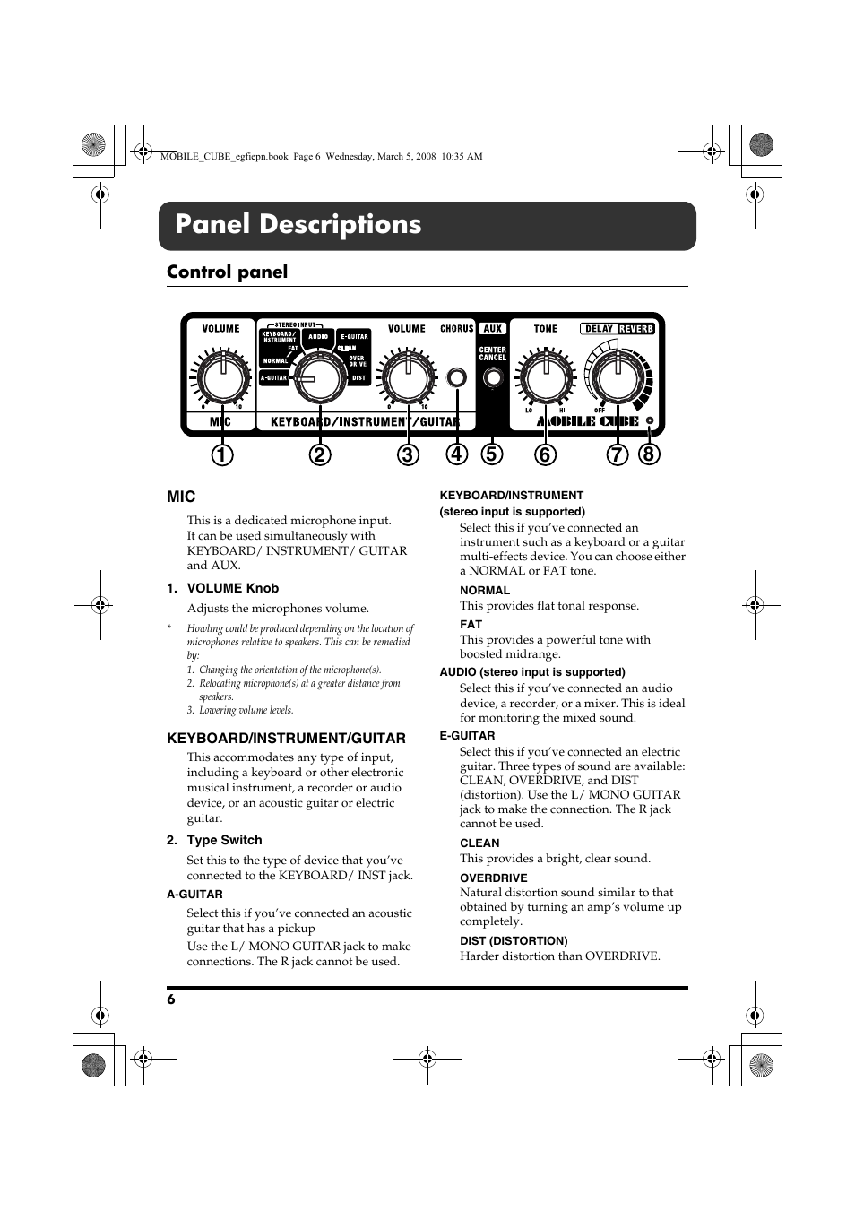 Panel descriptions, Control panel, Keyboard/instrument/guitar | Roland MOBILE CUBE User Manual | Page 6 / 64