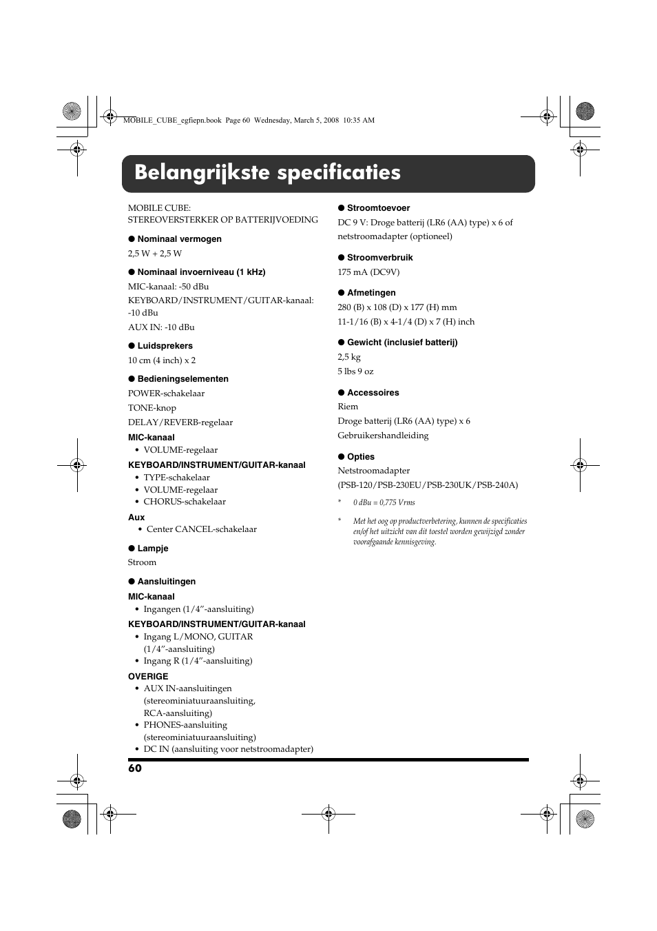 Belangrijkste specificaties | Roland MOBILE CUBE User Manual | Page 60 / 64