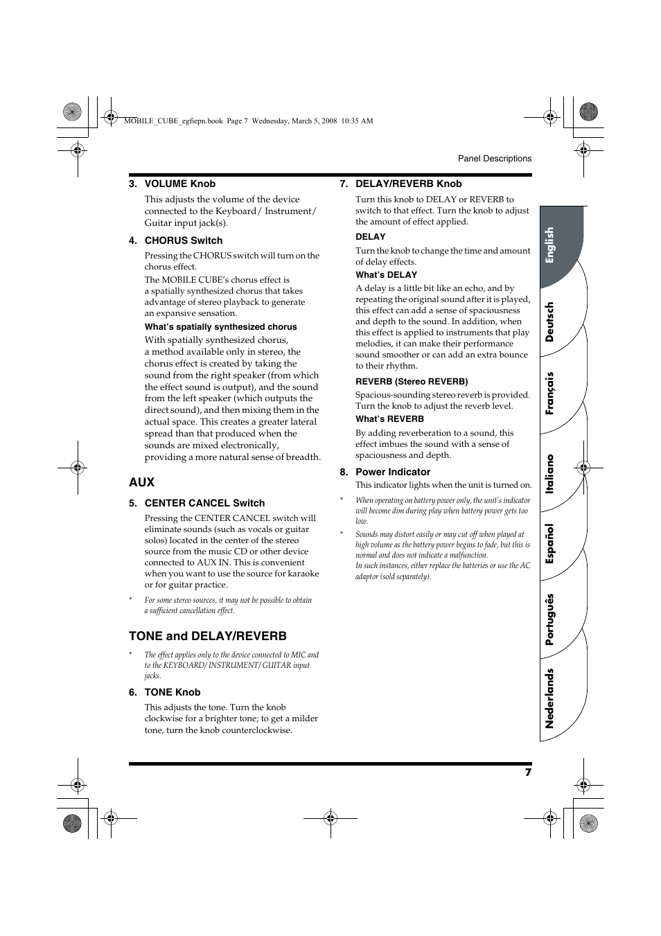 Tone and delay/reverb | Roland MOBILE CUBE User Manual | Page 7 / 64