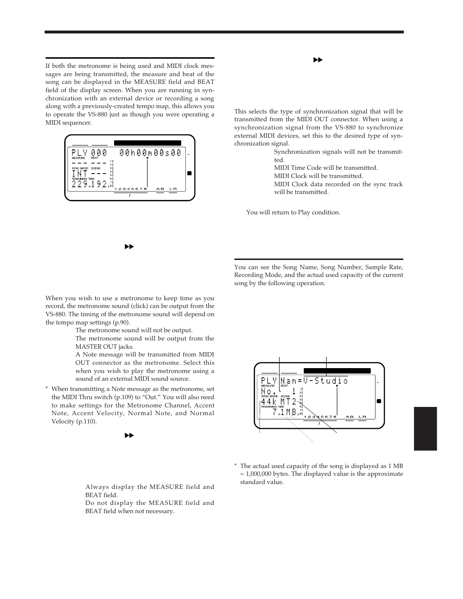 Displaying measures/beats, Checking the size of a recorded performance | Roland Vs-880 User Manual | Page 115 / 154