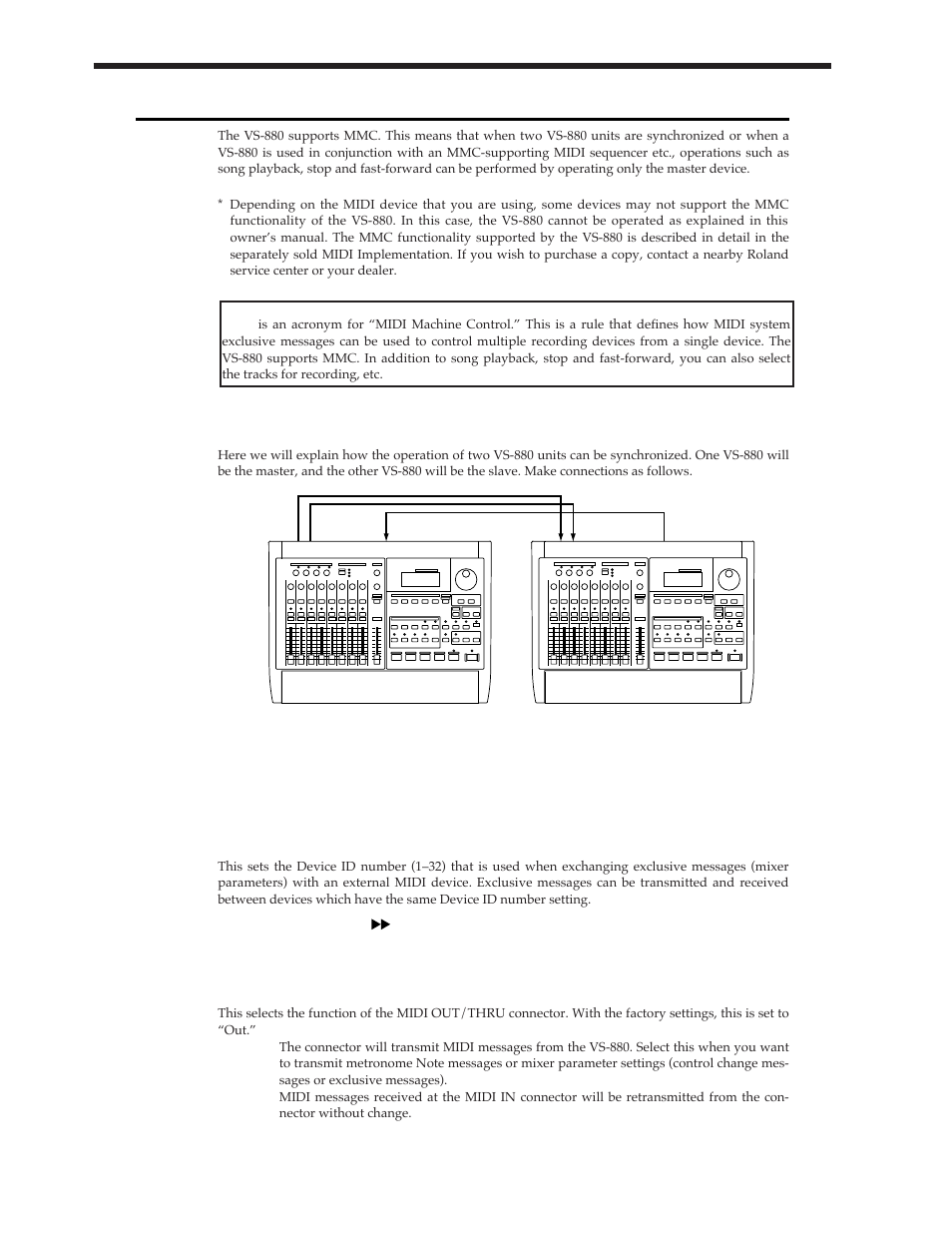 Operating the vs-880 from another device (mmc), Synchronizing the operation of two vs-880 units, Settings for the master vs-880 | Roland Vs-880 User Manual | Page 122 / 154