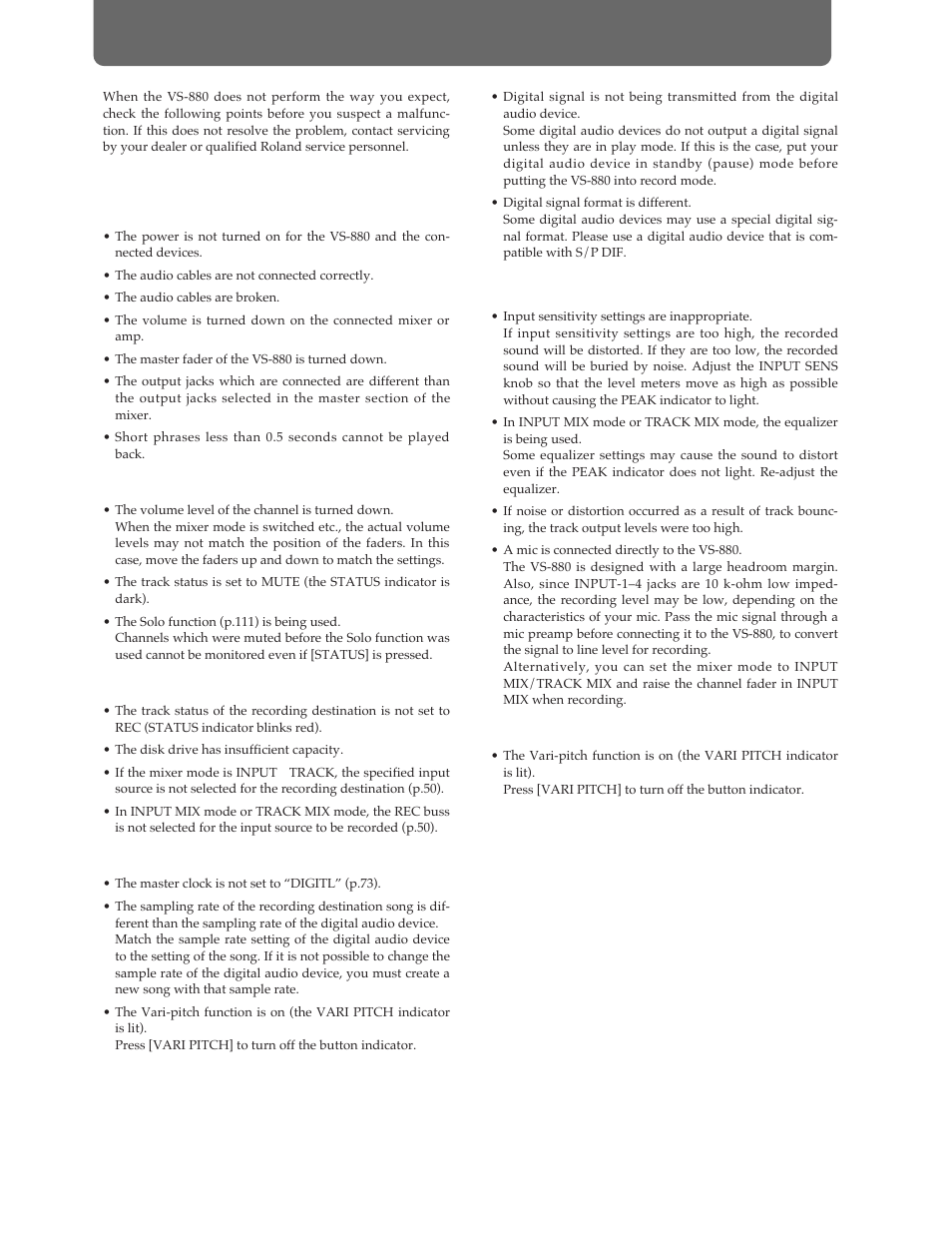 Troubleshooting, Problems with sound | Roland Vs-880 User Manual | Page 132 / 154