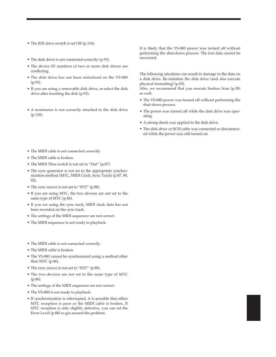 Disk drive problems, Synchronization problems (does not synchronize), Other problems | Roland Vs-880 User Manual | Page 133 / 154