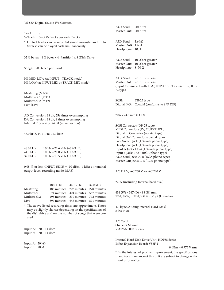 Specifications | Roland Vs-880 User Manual | Page 146 / 154