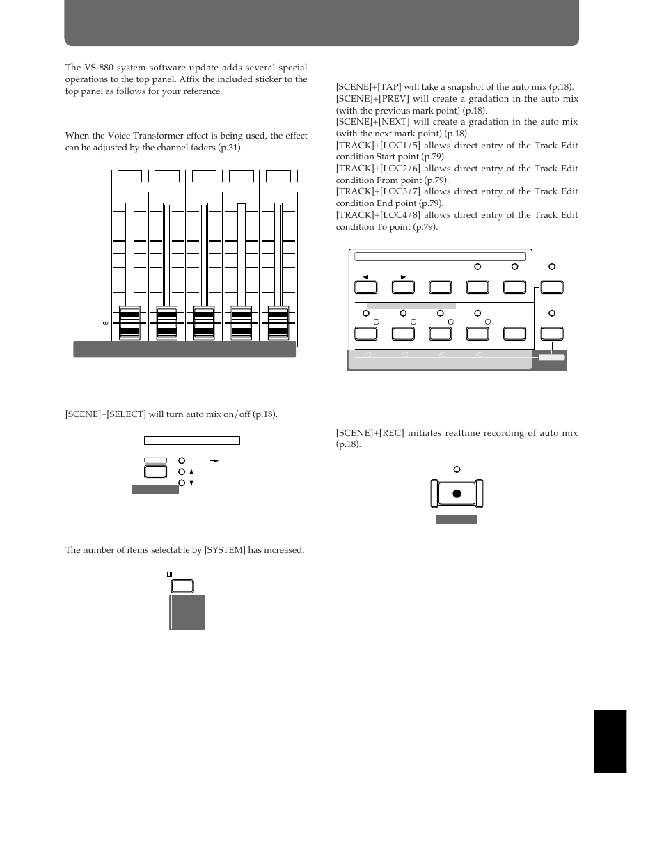 About the v-xpanded sticker, Channel faders, Select (select button) | Edit condition buttons, Locator buttons, Transpose control, Scene]+[select] will turn auto mix on/off (p.18), Appendices | Roland Vs-880 User Manual | Page 147 / 154