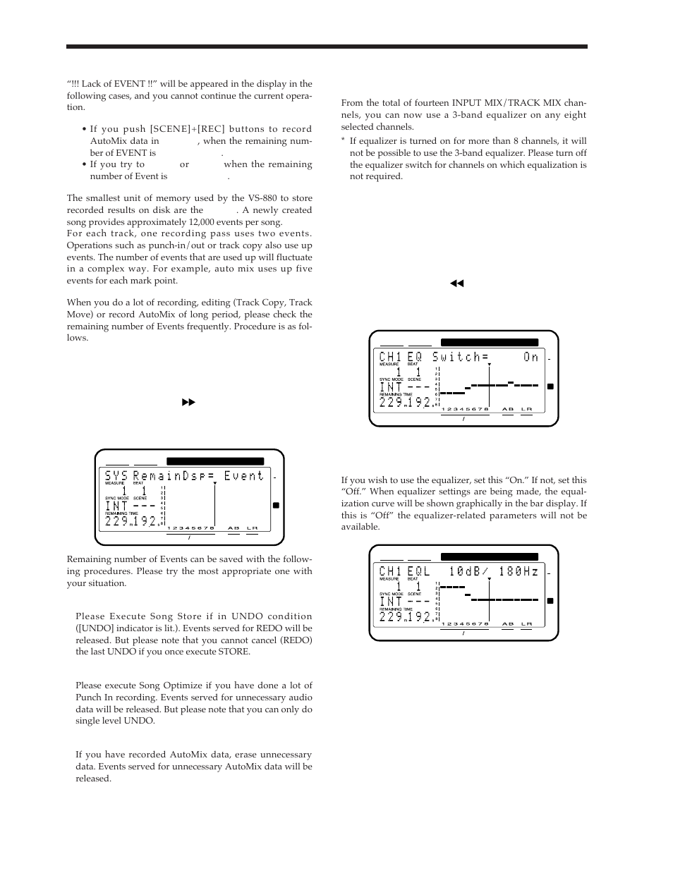 Using the 3-band equalizer in input mix/track mix, About “!!! lack of event !!” display, Turning the equalizer on/off | Roland Vs-880 User Manual | Page 20 / 154