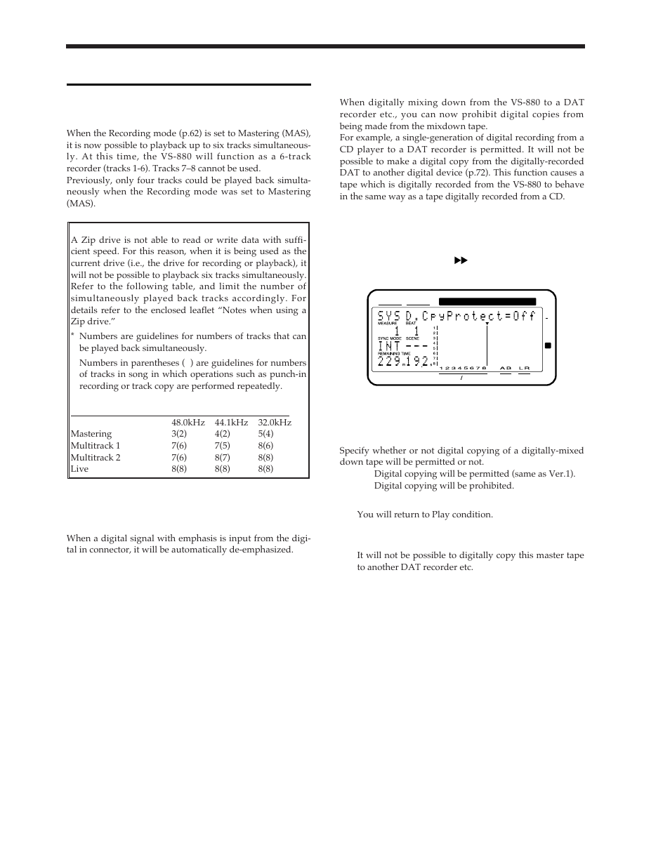 Recorder related functions, When the recording mode is set to mastering, When a digital signal with emphasis is input | Roland Vs-880 User Manual | Page 22 / 154