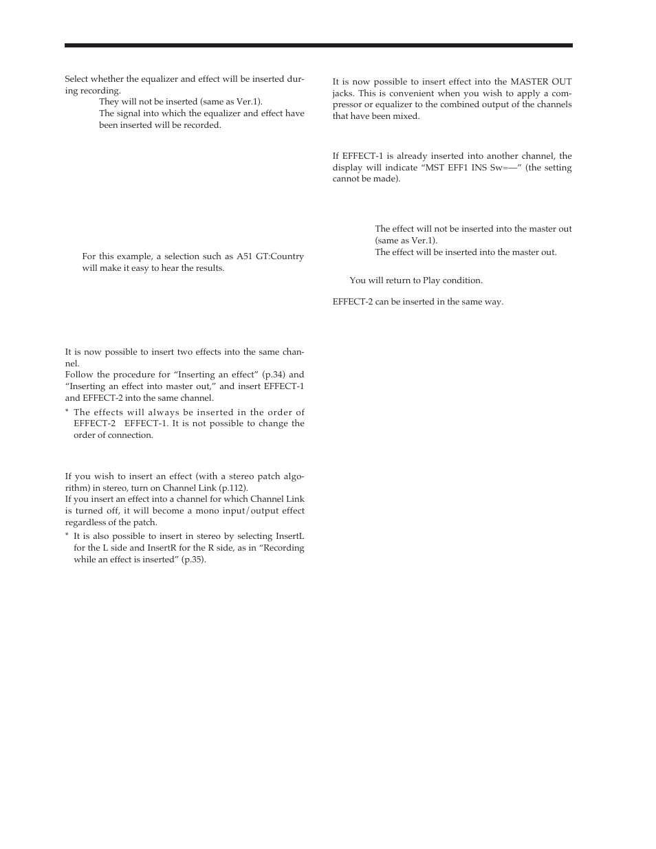 Inserting two effects into one channel, Inserting in stereo, Inserting to the master out | Roland Vs-880 User Manual | Page 36 / 154