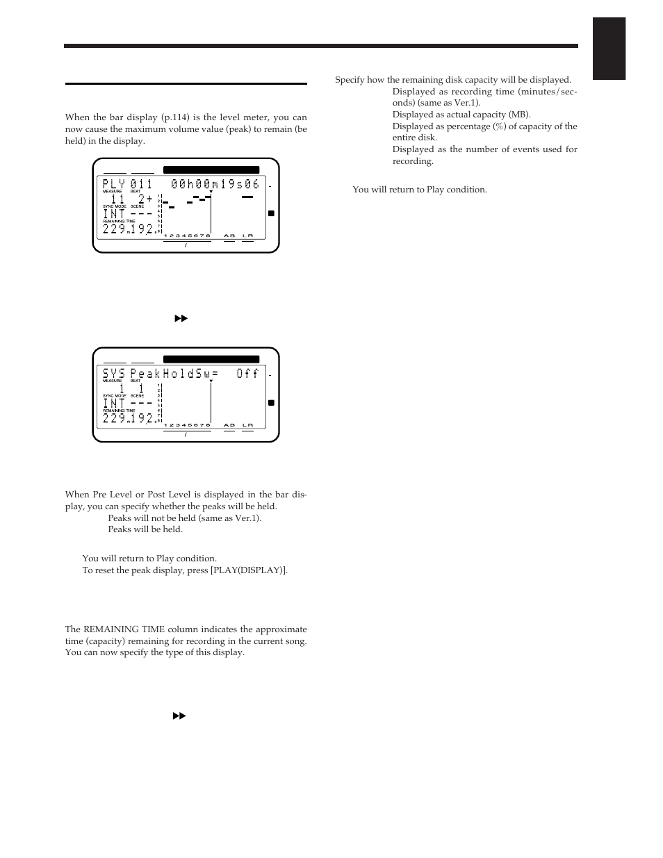 Display related, Holding the level meter peaks, Checking the remaining disk capacity | Roland Vs-880 User Manual | Page 37 / 154