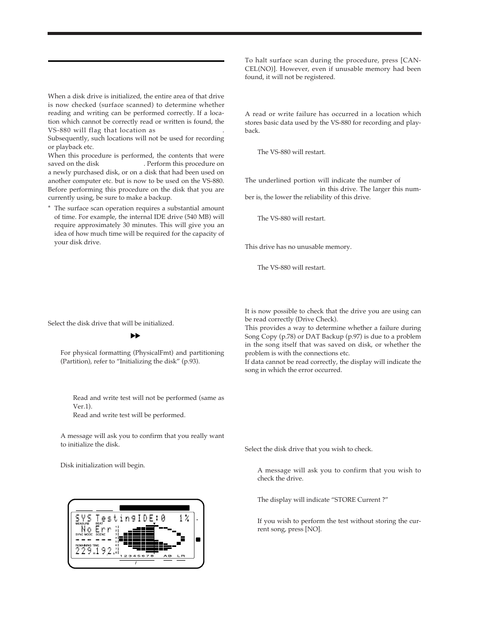 Disk drive related, Checking the reliability of a disk, Checking that a disk is not damaged | If the display indicates “file system err, If the display indicates “_____defect, If the display indicates “— complete | Roland Vs-880 User Manual | Page 38 / 154
