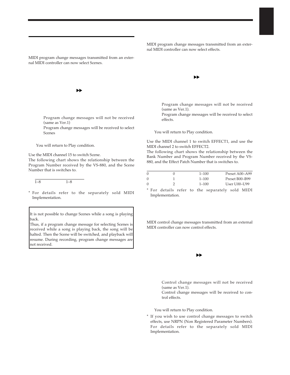 Midi related, Using program change mes- sages to select scenes, Using program change mes- sages to select effects | Using control change mes- sages to control effects | Roland Vs-880 User Manual | Page 43 / 154