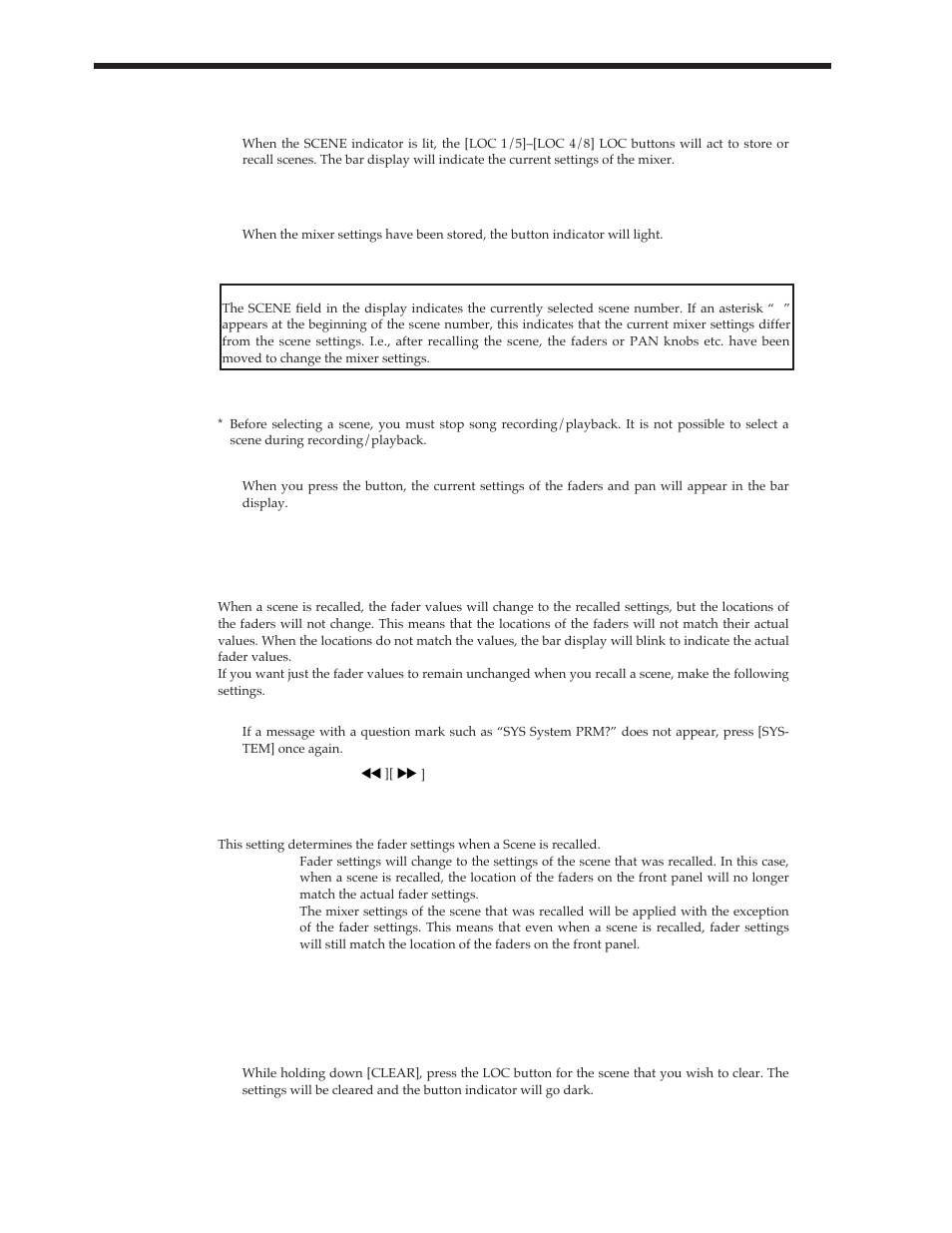 Storing the current mixer settings, Recalling a scene, Clearing the settings of a scene | Roland Vs-880 User Manual | Page 52 / 154