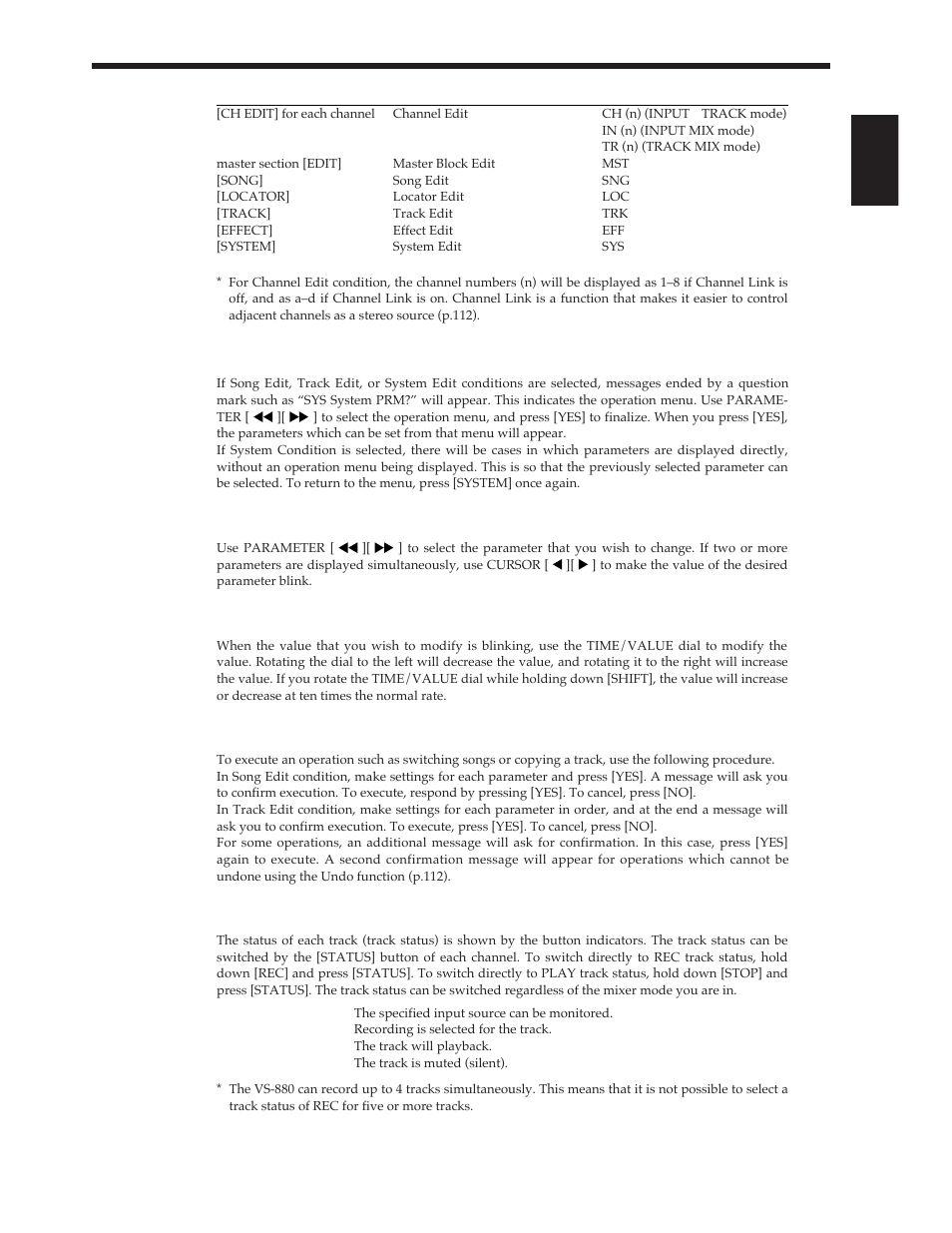 Selecting the operation menu, Selecting parameters, Modifying the value of settings | Executing an operation, Switching the track status (track status) | Roland Vs-880 User Manual | Page 55 / 154