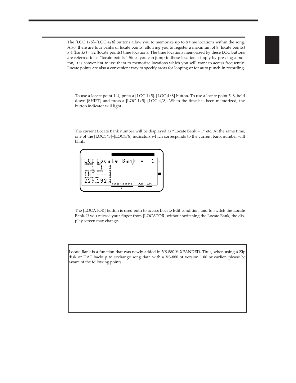 Storing a time location, method 1 (locate point), Storing a time location, Changing the locate bank | Roland Vs-880 User Manual | Page 57 / 154