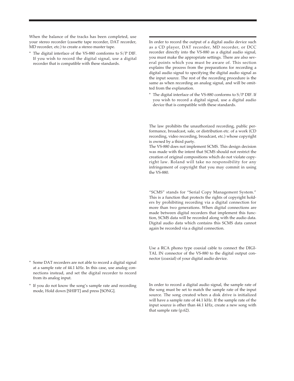 Digital recording, Concerning copyright, About scms | Connecting digital devices, Matching the sampling fre- quency | Roland Vs-880 User Manual | Page 72 / 154