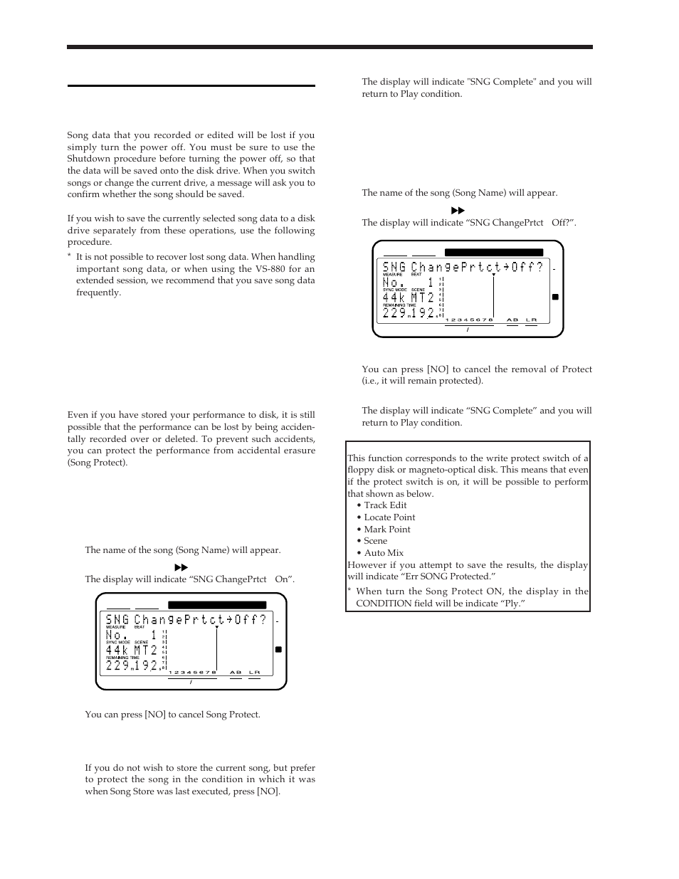 Before you finish operations, Saving the performance to disk (song store), Protecting a performance | Removing protection from a perfor- mance | Roland Vs-880 User Manual | Page 74 / 154