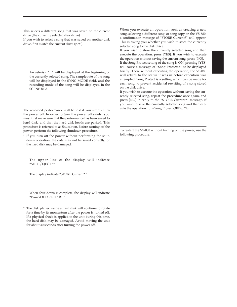 Re-starting the vs-880, Selecting a song (song select), Turning the power off (shut down) | Roland Vs-880 User Manual | Page 75 / 154