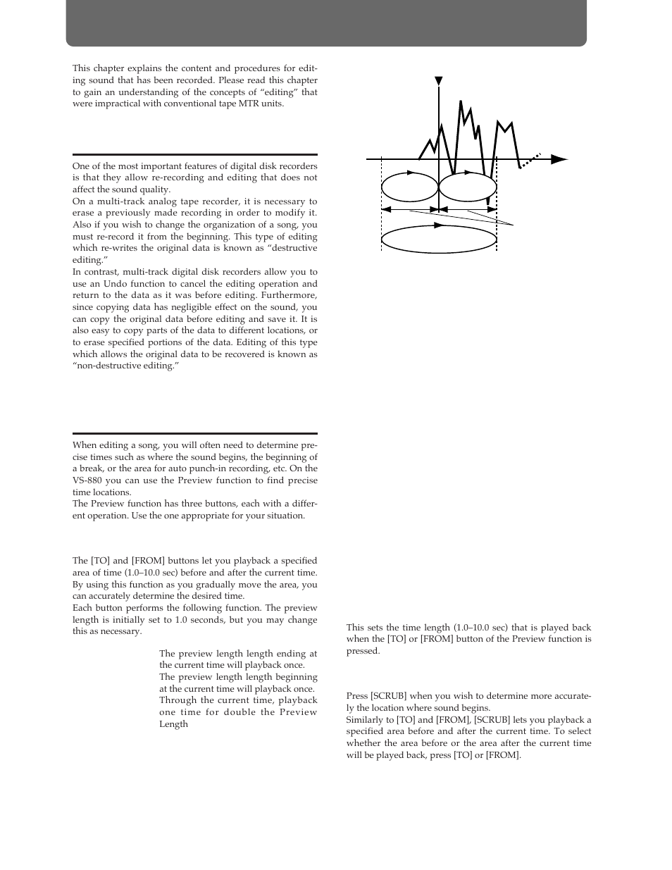 What is editing, Finding a desired location (preview), Using [to] and [from | Scrub playback ([scrub]) | Roland Vs-880 User Manual | Page 76 / 154
