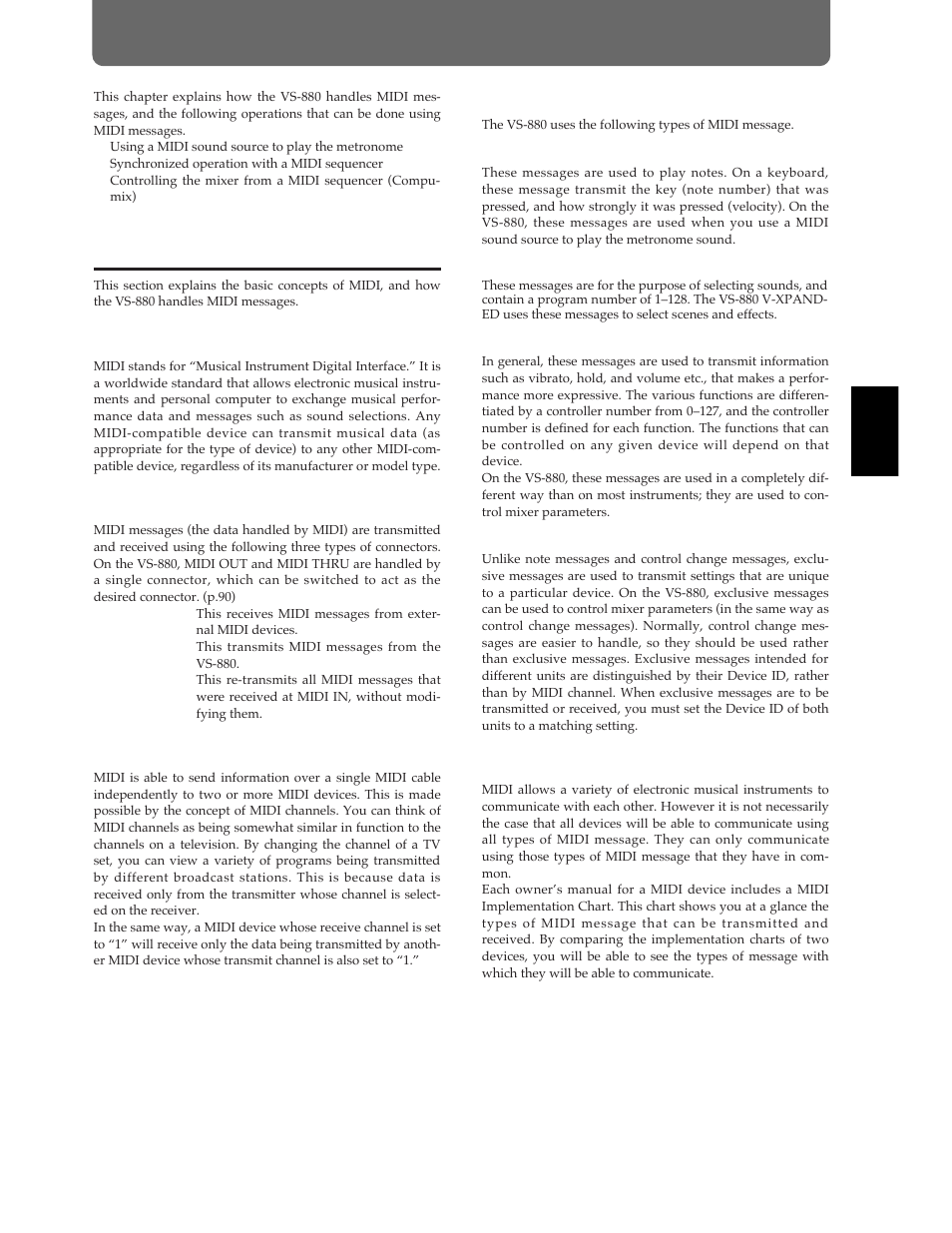 Chapter 5 use with midi devices, About midi, What is midi | Midi connectors, Midi channels, Midi messages, Midi implementation chart | Roland Vs-880 User Manual | Page 85 / 154