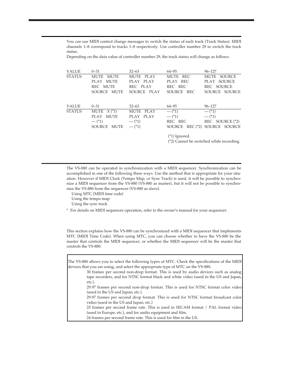 Using midi to switch the track status, Synchronizing with a midi sequencer, Using mtc | Roland Vs-880 User Manual | Page 86 / 154