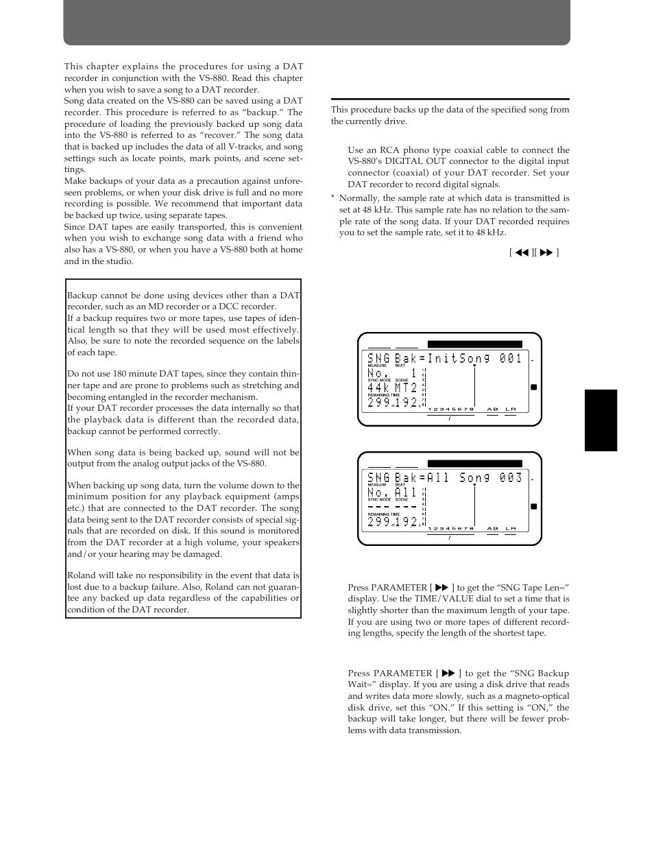 Chapter 7 use with a dat recorder (dat backup), Saving performance data to a dat recorder (backup) | Roland Vs-880 User Manual | Page 97 / 154