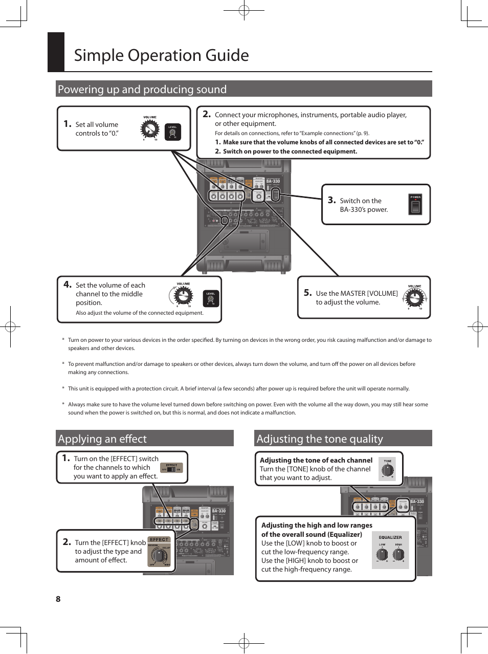 Simple operation guide, Powering up and producing sound, Applying an effect | Adjusting the tone quality | Roland BA-330 User Manual | Page 10 / 24