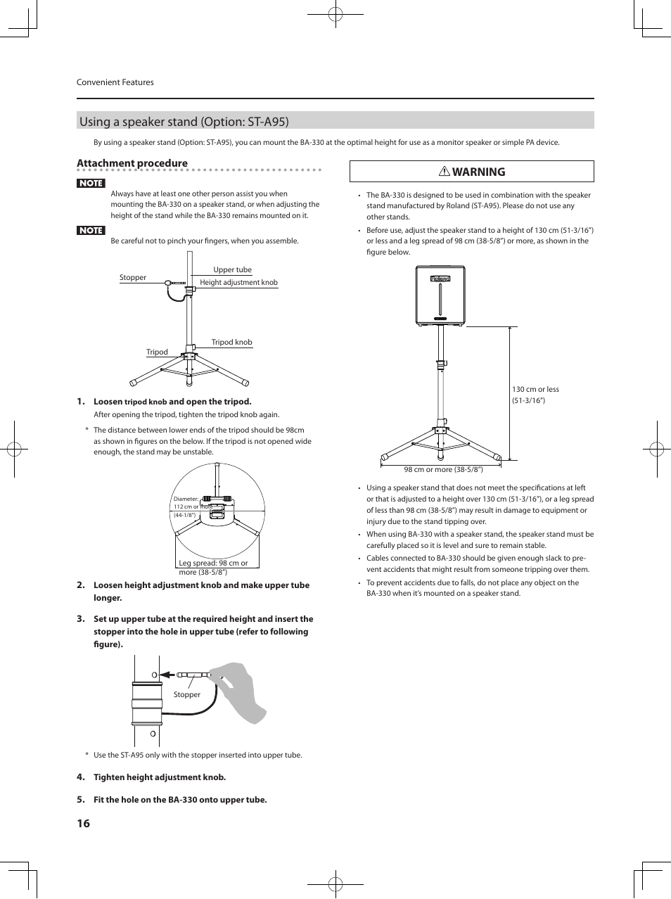 Using a speaker stand (option: st-a95), Warning | Roland BA-330 User Manual | Page 18 / 24