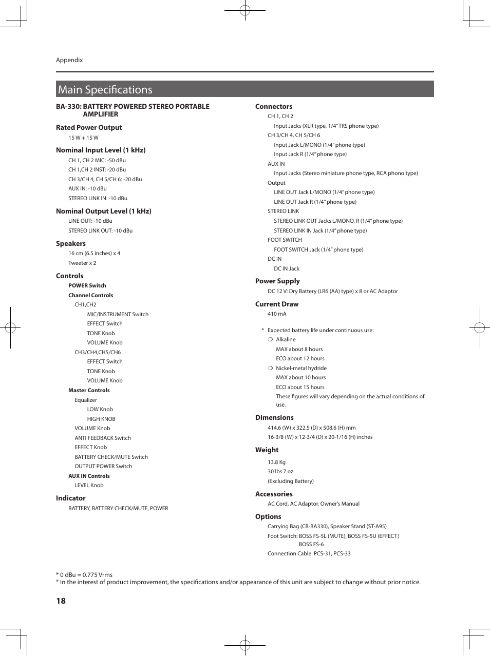Main specifications | Roland BA-330 User Manual | Page 20 / 24