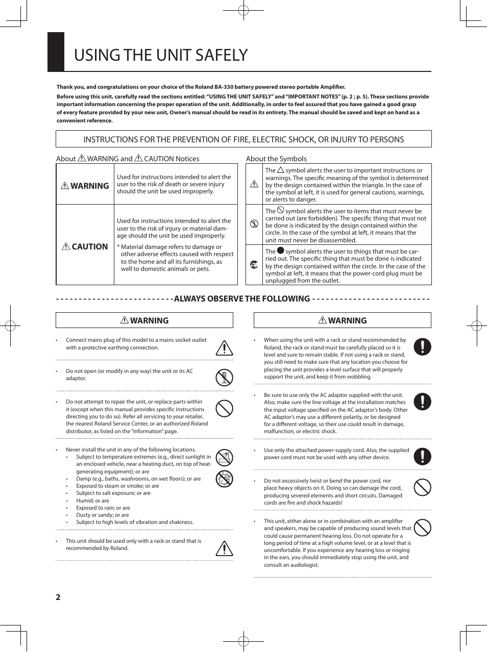 Using the unit safely, Warning, Caution | Roland BA-330 User Manual | Page 4 / 24