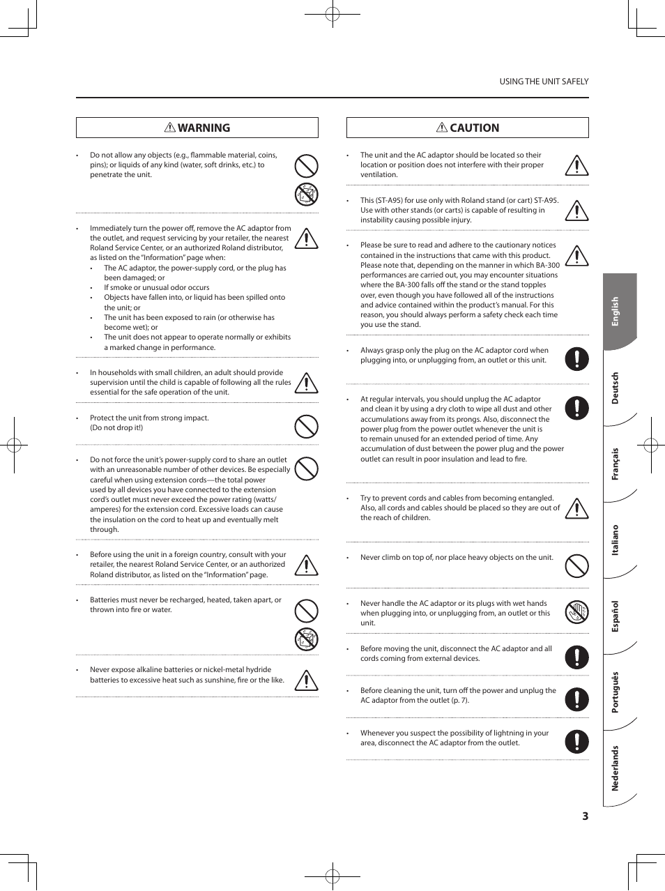 Warning, Caution | Roland BA-330 User Manual | Page 5 / 24