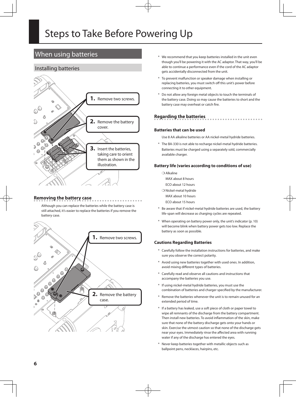 Steps to take before powering up, When using batteries, Installing batteries | Roland BA-330 User Manual | Page 8 / 24