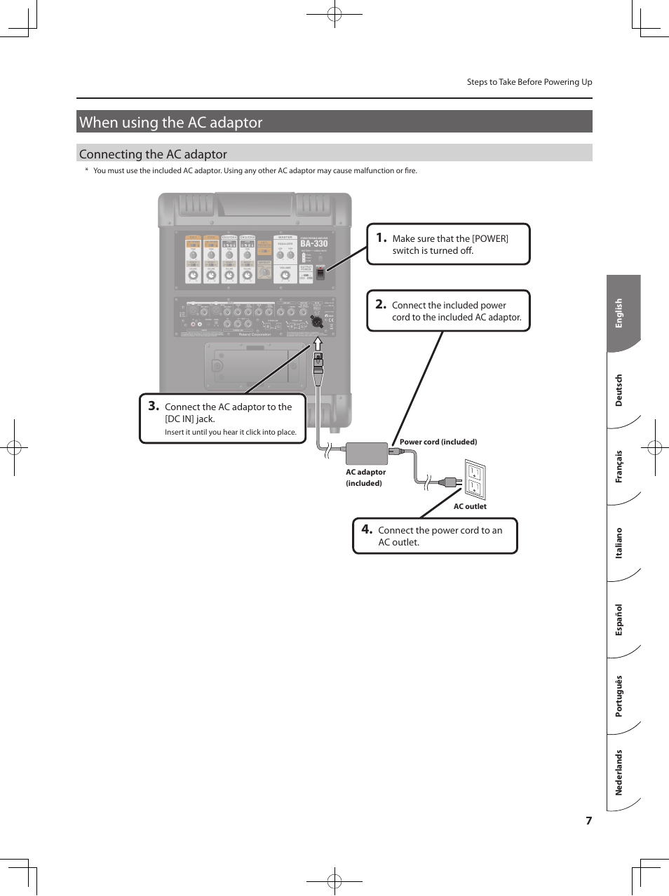 When using the ac adaptor, Connecting the ac adaptor | Roland BA-330 User Manual | Page 9 / 24