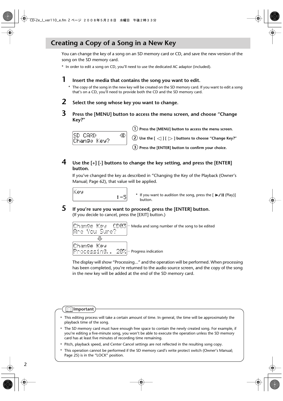 Creating a copy of a song in a new key | Roland Recorder CD-2e User Manual | Page 2 / 8