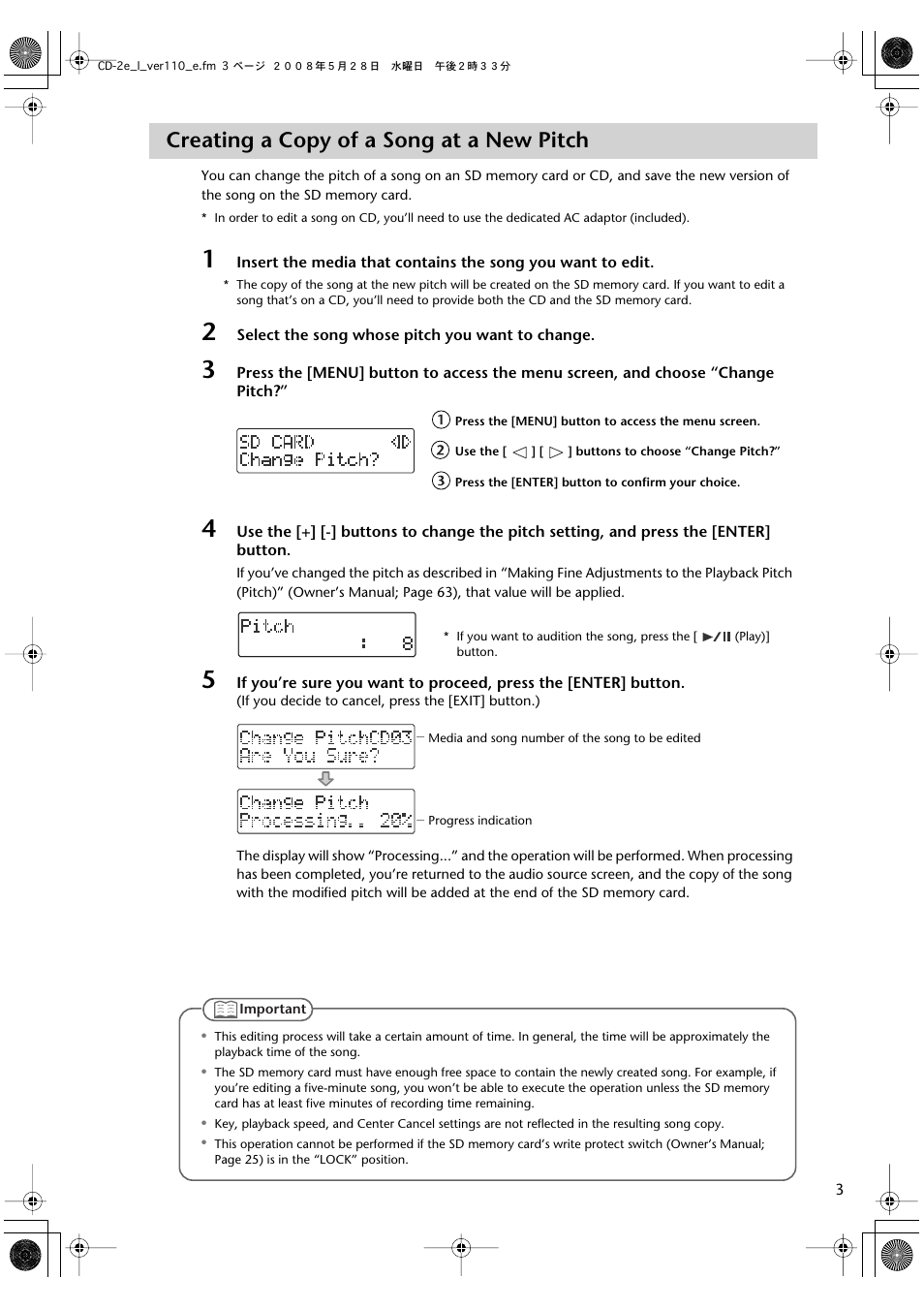 Creating a copy of a song at a new pitch | Roland Recorder CD-2e User Manual | Page 3 / 8