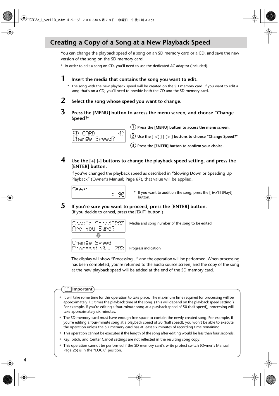 Creating a copy of a song at a new playback speed | Roland Recorder CD-2e User Manual | Page 4 / 8