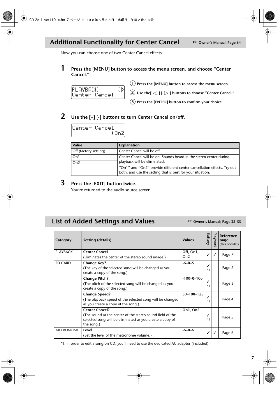 Additional functionality for center cancel, List of added settings and values | Roland Recorder CD-2e User Manual | Page 7 / 8