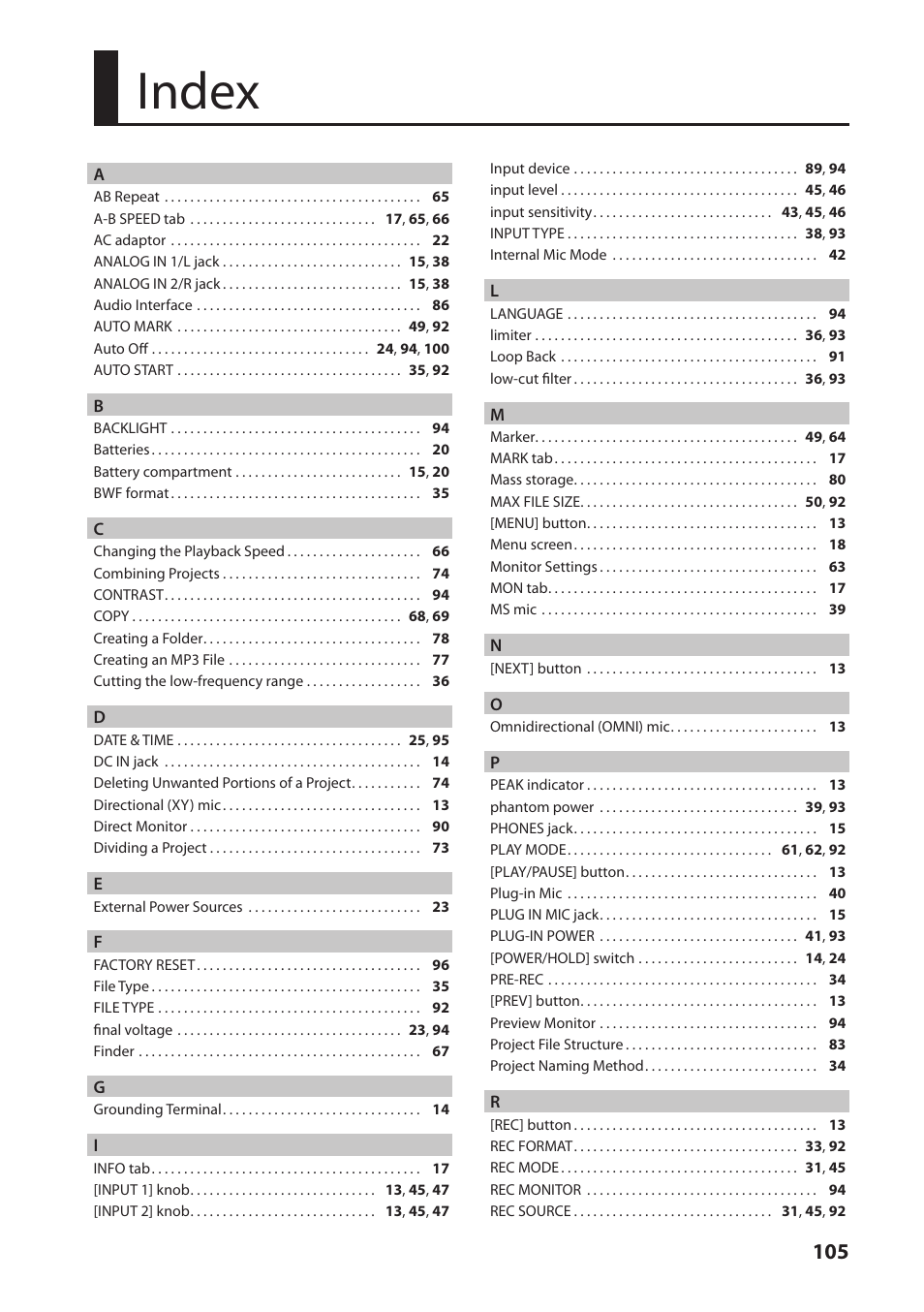 Index | Roland Portable Recorded R-26 User Manual | Page 105 / 112