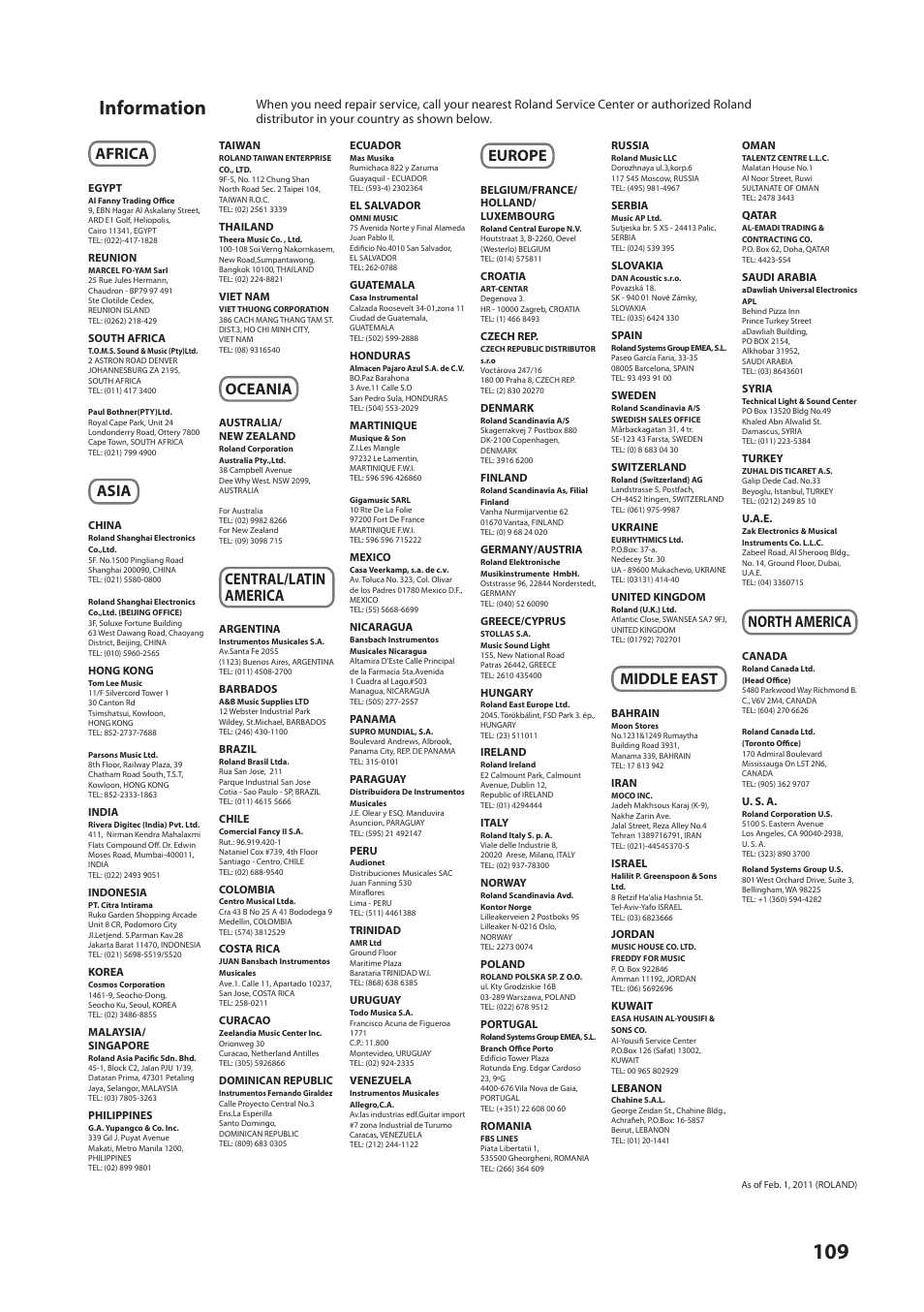 Information, Africa, Asia | Oceania, Central/latin america, Europe, Middle east, North america | Roland Portable Recorded R-26 User Manual | Page 109 / 112