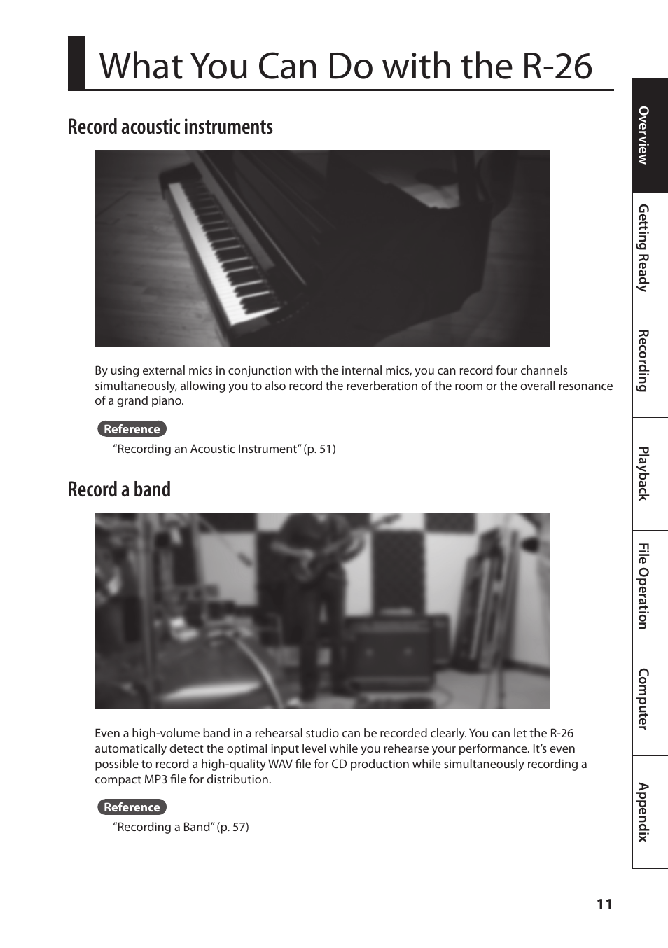 What you can do with the r-26, Record acoustic instruments, Record a band | Roland Portable Recorded R-26 User Manual | Page 11 / 112