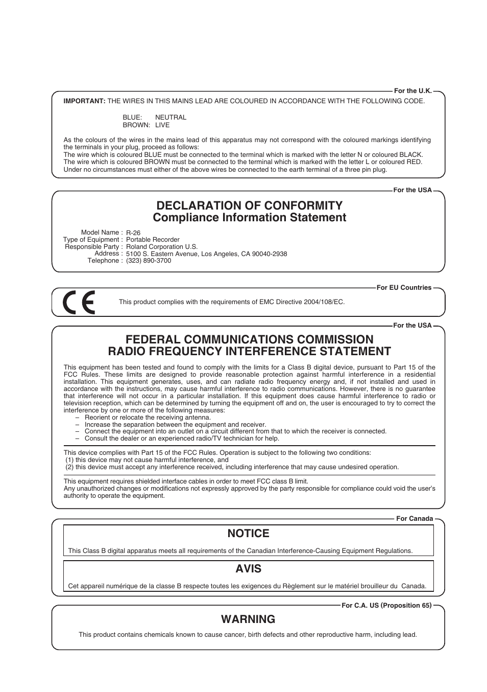 Notice avis, Warning | Roland Portable Recorded R-26 User Manual | Page 111 / 112