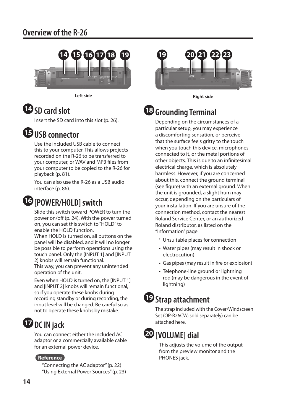 Overview of the r-26, Sd card slot, Usb connector | Power/hold] switch, Dc in jack, Grounding terminal, Strap attachment, Volume] dial | Roland Portable Recorded R-26 User Manual | Page 14 / 112