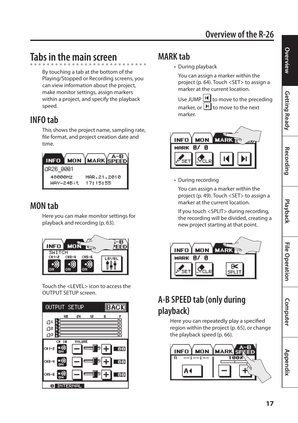 Tabs in the main screen, Overview of the r-26, Info tab | Mon tab, Mark tab, A-b speed tab (only during playback) | Roland Portable Recorded R-26 User Manual | Page 17 / 112