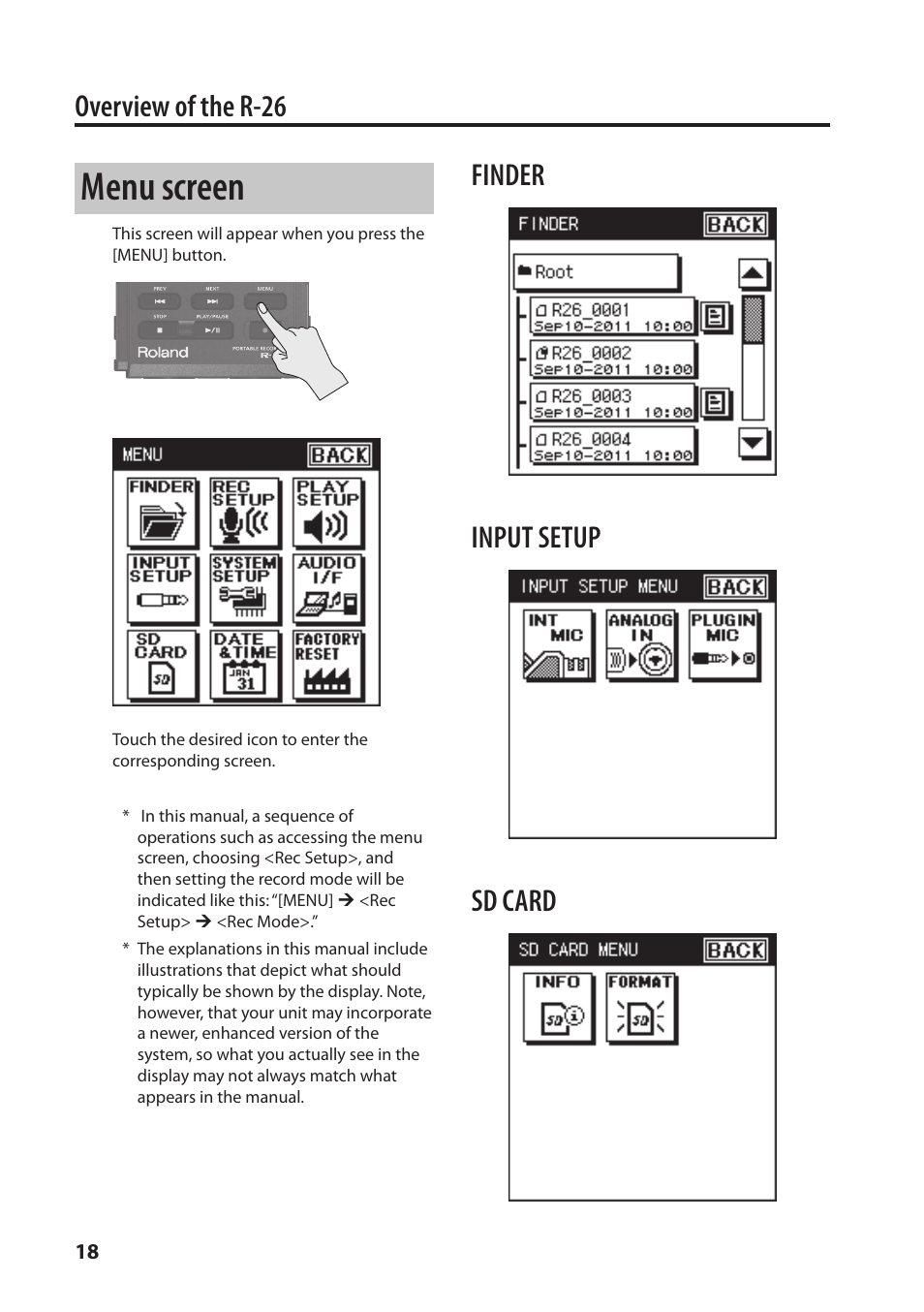 P. 18), Menu screen, Overview of the r-26 | Finder input setup sd card | Roland Portable Recorded R-26 User Manual | Page 18 / 112